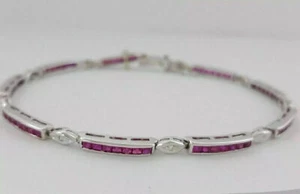 Tennis Bracelet 9Ct Created Red Ruby Women's Wedding Gift 14K White Gold Finish - Picture 1 of 5