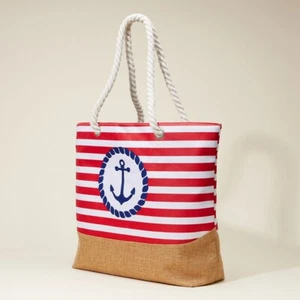 Nautical Anchor Striped Beach Tote Bag with Rope Handles Large Summer Travel - Picture 1 of 2