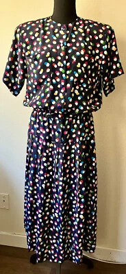 Vintage 80s Liz Roberts Secretary Shirtwaist Dress Bright Colorful Dots Pleats L - Image 1 of 4