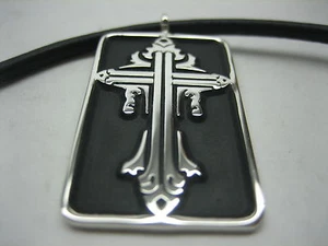 Sterling silver 925 cross tag necklace with Italian leather cord for men/women. - Picture 1 of 7