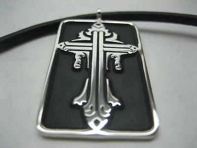 Sterling silver 925 cross tag necklace with Italian leather cord for men/women. - Image 1 of 4