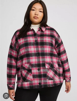 NWT Torrid Jonnie Pink Black Plaid Flannel Coat Knee Plus Size 4XL Double Knit - Image 1 of 4