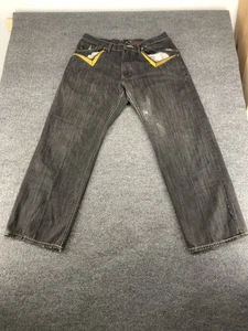 Coogi Jeans Mens 38x34 Black Straight Leg Distressed Yellow Trim Denim Pants - Picture 1 of 8