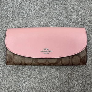 Portafoglio busta sottile originale Coach firmato PVC petalo rosa e tela kaki - Foto 1 di 13