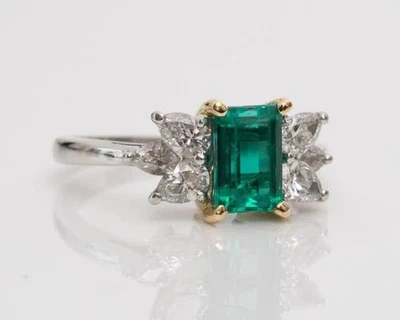 3CT Emerald Simulated Emerald Women's Engagement Holo Ring 14K White Gold Plated - Image 1 of 4