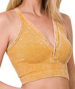 Zenana washed ribbed cropped button v-neck tank top in five colors! size S/M - Picture 1 of 1