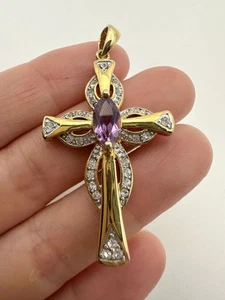 14k gold plated natural amethyst clear cz cross Pendant - Picture 1 of 6
