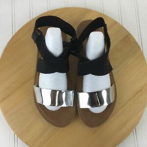 Muk Luks Killian Sandals Womens Size 9 Stretch Ankle Strap Silver Black Shoes