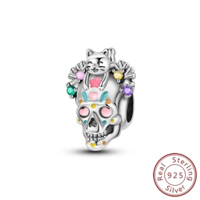 MULA 925 Sterling Silber Charm CZ Katze Leuchtende Schädel Für Armband Halskette - Bild 1 von 4