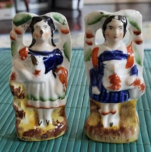 2 RARE PRE VICTORIAN STAFFORDSHIRE GIRLS HOLDING SPANIELS SALESMAN SAMPLES - Picture 1 of 9