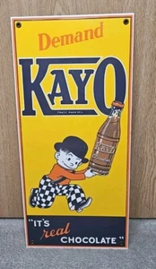 Vintage Kayo Chocolate Milk Porcelain Enamel Metal Sign 8 x 17 Great colors! - Picture 1 of 6