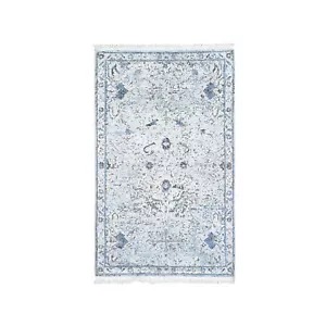 3'x5'2" Blue Pure Silk with Text Wool Distressed Oushak Hand Knotted Rug G59741 - Picture 1 of 7
