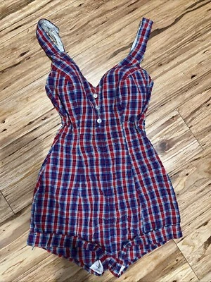 Traje de baño pinup años 50 años 60 traje de baño mameluco a cuadros etiqueta Judy Linden Foto 1 de 4