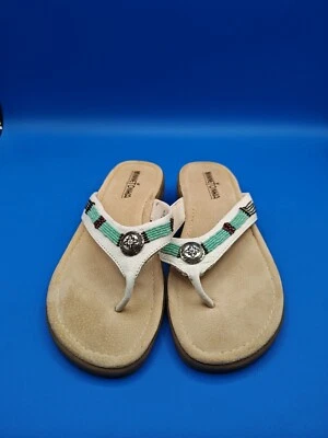 Sandalias chanclas de cuero blanco/azul Minnetonka para mujer talla 7 Foto 1 de 4