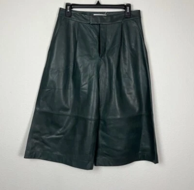 Shorts Culottes Fechado Wilda Perna Larga Couro de Cordeiro Agave Verde Escuro Novo com etiquetas Tamanho 28 - Imagem 1 de 4