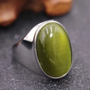 Vintage Oval Green Opal Stone Wedding Ring Stainless Steel Men Women Retro Ring - Picture 1 of 4