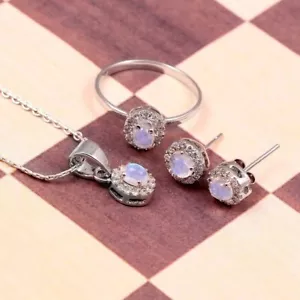 Naturale Fuoco Luna Ovale Gemma 925 Argento Orecchini a Lobo Sposa Gioielli Set - Foto 1 di 7