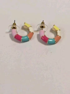 Multicolor Enamel Inlay Gold Tone Hoop Stud Earrings. 3/4". Fun. Pierced. - Picture 1 of 17