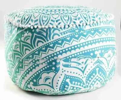 Ottoman Indian Mandala Printed Pouffe Foot Stool Cover Round Decorate 100%Cotton - Image 1 of 3