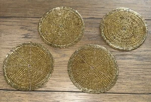 4 Beaded Drink Coasters Gold Wired 4" Round Reversible Sparkle Bohemian Boho - Picture 1 of 4