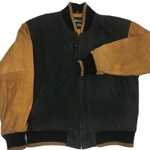 Vtg 90's U2 Wear Me Out Black 2 Tone Leather Bomber STADIUM Jacket HIP HOP Coat - Picture 1 of 10