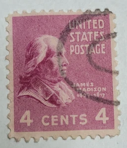 VINTAGE ~ U.S. Postage Stamp ~ James Madison ~ 4¢ Red Stamp ~ c.1938 - 09 - Picture 1 of 6