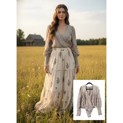 Free People the Eloise Smocked lace Bodysuit in Sage Boho S (see measurements) - Image 1 of 4