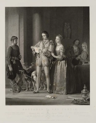 DOO (*1800) nach NEWTON (*1795), Bassanio und Portia, Shakespeare,  1840, KSt. - Bild 1 von 4