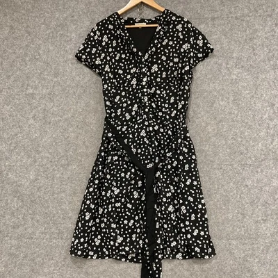 Vestido Laura Ashley Mujer Talla 16 Negro Blanco Floral Manga Corta Cinturón Línea A Foto 1 de 4