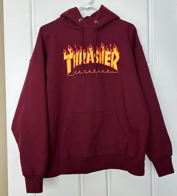 Sudadera con Capucha THRASHER De Colección Para Hombre Mujer Granate Monopatín Revista Llamas L Grande Foto 1 de 4