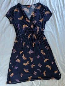 ModCloth Sz XL Moth Print Navy Blue Purple Yellow Short-Sleeve V-Neck Midi Dress - Picture 1 of 14