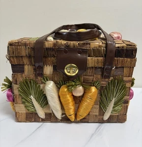 Vintage Woven Basket Handbag Vegetable Motif 1970s Box Purse Brown - Picture 1 of 9