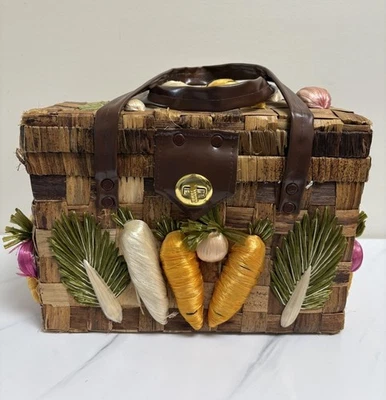 Vintage Woven Basket Handbag Vegetable Motif 1970s Box Purse Brown - Image 1 of 4