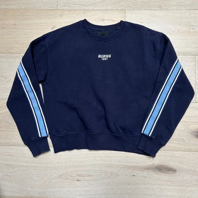 Vintage Guess Sweatshirt Womens Medium Blue Boxy Pullover 90s Embroidered Stripe - Image 1 of 4