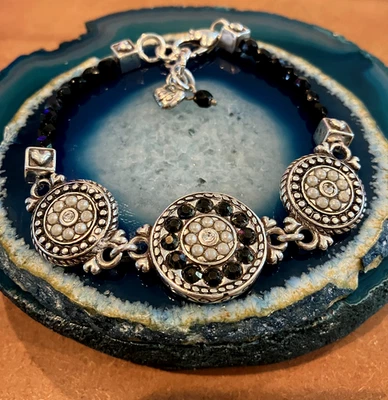 Brighton Jet Set Crystal Beaded Black Retired Reversible Silver Bracelet, 7"-8" - Image 1 of 4