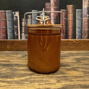 Vtg Crock brown glaze with clamp & Lid 4” Ceramic pottery - Picture 1 of 10