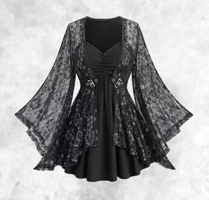 New Gothic Black & Silver Sparke Buckle Flared Sleeve Blouse size 2XL 20 22 24 - Picture 1 of 5
