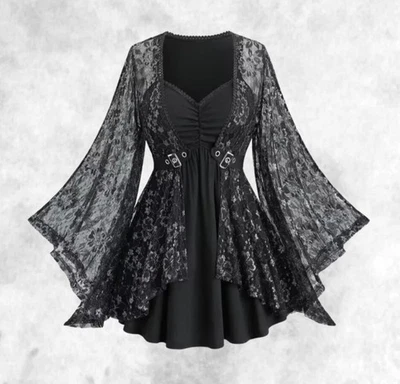 New Gothic Black & Silver Sparke Buckle Flared Sleeve Blouse size 2XL 20 22 24 - Image 1 of 4