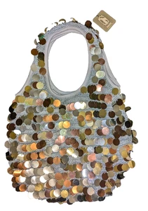 Neu mit Etikett grau gehäkelt gefüttert Pailletten Schultertasche Boho Handtasche - Bild 1 von 6