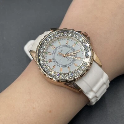 Reloj de Cuarzo Strada NUEVO Banda de Goma Blanca Caja Oro Rosa Acento Diamante Foto 1 de 4