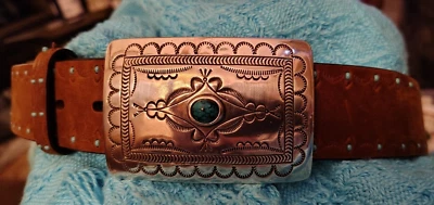 Justin Boots Brown with Turquoise Leather Belt- Silver/Turquoise Buckle-Size 34 - Image 1 of 4