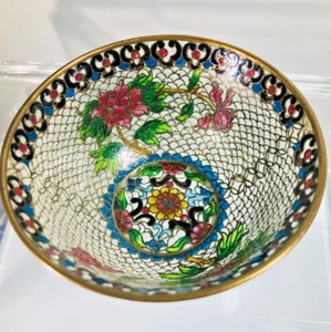 Vintage Plique A Jour Bowl Intricate Flowers Translucent Cloisonne Enamel Glass - Picture 1 of 10