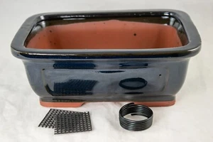 Rectangular Navy Blue Cactus & Succulent, Bonsai Pot + Mesh, Wire - 8"x 6"x 3" - Picture 1 of 5