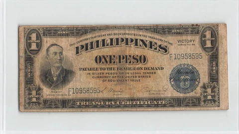 PHILIPPINES 1 Peso 1944, P-94 Victory Series, F10958595, Circulated.  C6 Cover