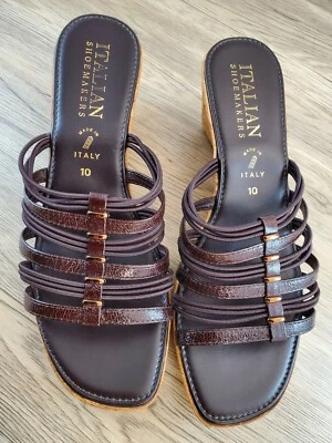 Italian Shoemakers Strappy Sandals Faux Cork Wedge Heels Dark Brown Women's 10 - Image 1 of 4