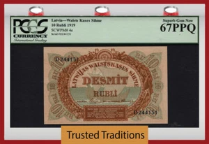 TT PK 4e 1919 LATVIA 10 RUBLI "98 YRS OLD" PCGS 67 PPQ SUPERB POP 5 NONE FINER!  - Picture 1 of 2