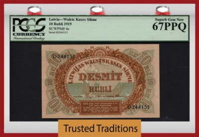 TT PK 4e 1919 LATVIA 10 RUBLI OVER 100 YRS OLD PCGS 67 PPQ SUPERB GEM NONE FINER - Image 1 of 2