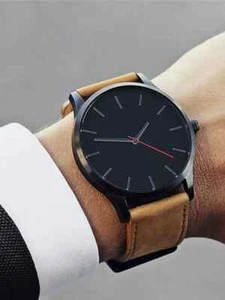 Minimalistische Herrenuhr 41 mm schwarzes Gehäuse Zifferblatt schwarze Lederbänder neue Batterie - Bild 1 von 4