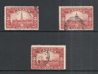 CANADA SCOTT 143 USED x 3 - 1927 3c BROWN CARMINE PARLIAMENT ISSUE   CV $19.50 - Image 1 of 2