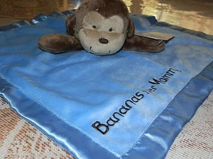 SECURITY BLANKET CARTERS NEW BROWN MONKEY BANANAS OVER MOMMY SATIN VELOUR BLUE - Picture 1 of 2